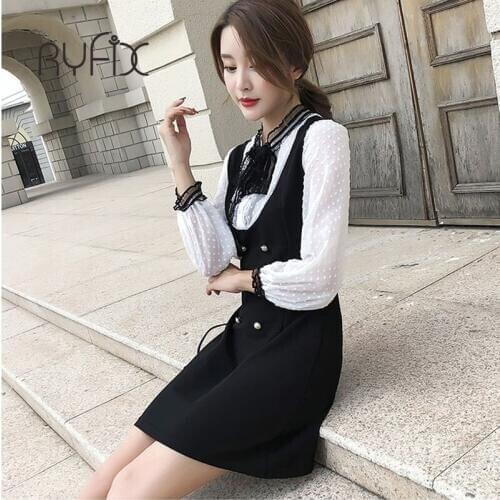 Wave point chiffon shirt Two Piece Dress Womens Clothes Sweet High waist Female Korean elegant Drill buckle Dresses For Women