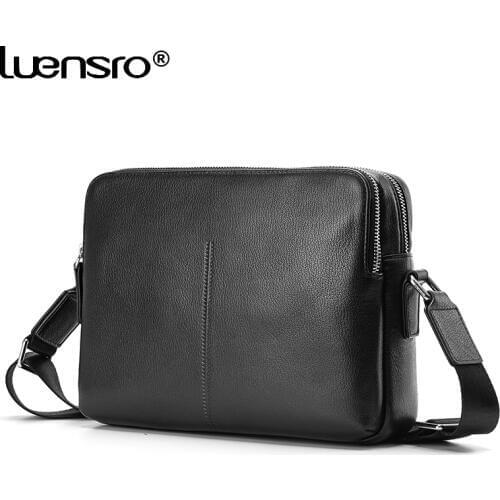 LUENSRO Double Zipper Men Bag Genuine Leather Mens Shoulder Bags Satchels Cross body Bags For Men Cow Leather Male Bag Business