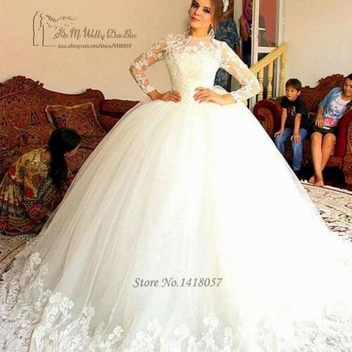 Vintage Long Sleeve Wedding Dress Ball Gown Lace Wedding Gowns Puffy Vestido de Casamento Manga Longa China Bride Dresses 2017