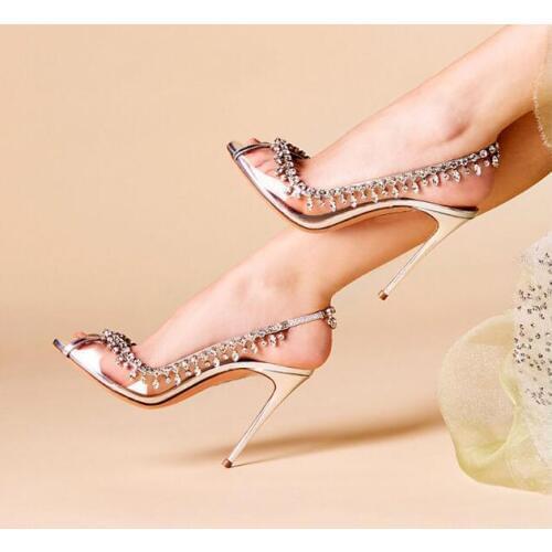 Linamong Summer Silver Clear PVC Crystal Sandals Peep Toe Elastic Band Slingback Fringe Bling Bling Rhinestone Wedding Shoes