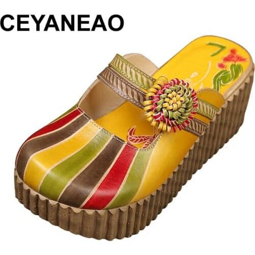 CEYANEAO 2020 Summer Shoes Women Wedge Slides Cover Handmade Toes Flower Thick Heels Genuine Leather Lady Platform Slippers