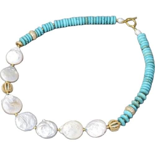 GG Jewelry 20" Freshwater White Keshi Pearl Blue Turquoise Necklace Women Jewelry