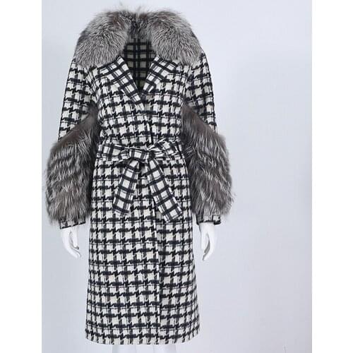 MENINA BONIT X-long Plaid Cashmere Wool Blends Real Fur Coat Belt Winter Jacket Women Natural Fox Fur Collar Cuffs Streetwear
