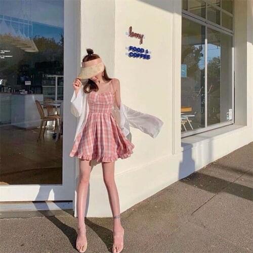 Pink Plaid Belt Womens Spring Summer Dress Womens Y2K Ruffles Plaid Spaghetti Strap- Neck Sleeveless Korean Midi Dress