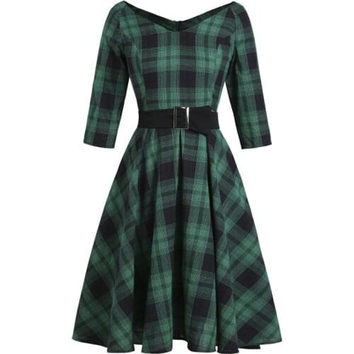 2021 Green Plaid Elegant 1950s Style Vintage Robe V Neck High Waist Dress 3/4 Length Sleeve Women Retro Clothes Midi Dresses