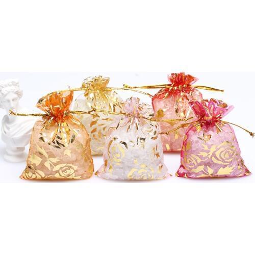 50pcs Rose Design Organza Drawstrings Bags 7x9/9x12/11x16cm Jewelry Gift Package Bags Yarn Pouches Christmas/Wedding Supplies