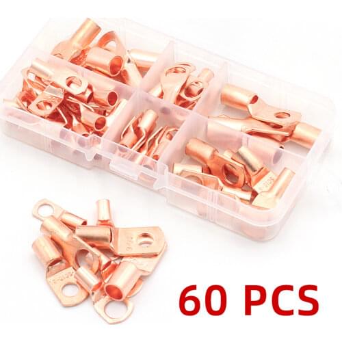US 60pcs Battery Bare Copper Ring Lug Terminals Connector Wire Gauge SC6-25 Kit