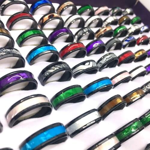 Wholesale 50PCs/Lot Fashion Stainless Steel Rings for Men Women Jewelry Party Gifts Mixed Designs Variety of Colors Width 8MM
