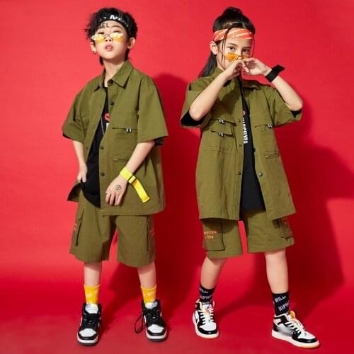 Street Dance Costume Hip Hop Boys Army Green Shirts Short Sleeves Childrens Jazz Modern Performance Outfit Fashion Wear BL6176