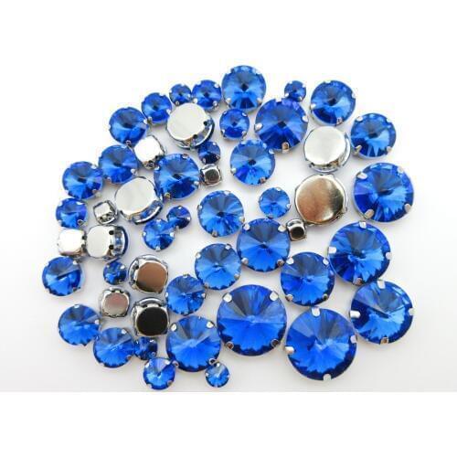 Silver claw setting Lt sapphire crystal strass mix Rivoli round shape 7 size flatback sew on rhinestone beads crafts garment diy