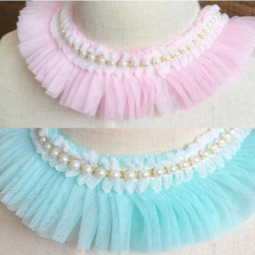 5yards Pearls Beaded Lace Trim Ribbon Pleated Mesh Ruffle Lace Cuffs Doll Skirt Wedding Dress Fabric DIY Garment Accessories