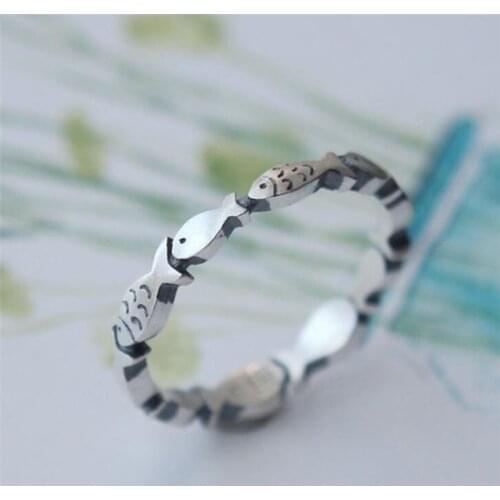 Season Gate 925 Sterling Silver Retro Personality Single Layer Little Fish Adjustable Size Open Ring SR185