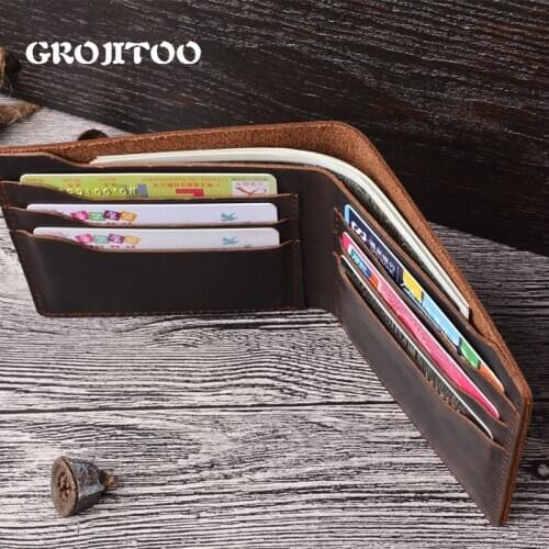 GROJITOO Genuine Leather Wallet For Men Crazy Horse Leather Short Wallet Mens Casual Cowhide Wallet Coin Purse wallet For Women