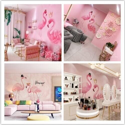 Xuesu Pink flamingo wallpaper milk tea shop beauty salon tattoo shop wall covering live net red background wall custom wallpaper