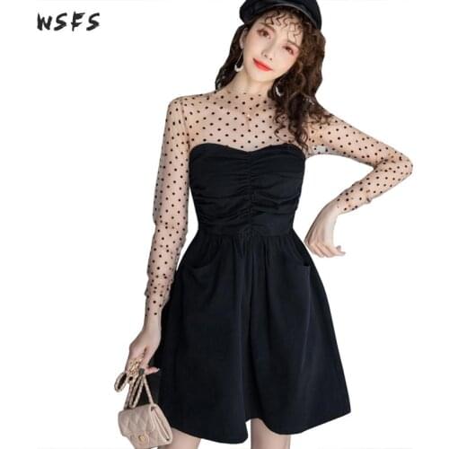 Autumn Women Lace Dresses Khaki Dot Oneck See Through Tops Bandage Elegant Strapless Black Mini Aline Dress Sexy Party Clothes