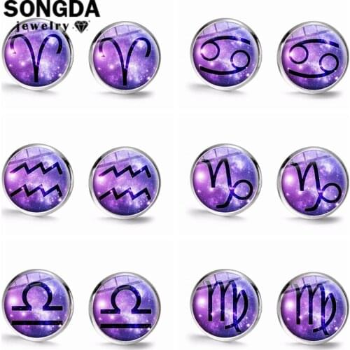 SONGDA Horoscope Astrology Zodiac Statement Earrings Leo Taurus Gemini Cancer Virgo Libra Scorpio 12 Constellation Stud Earrings