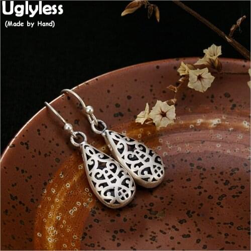 Uglyless 100% 925 Sterling Silver Ethnic Water Drop Earrings Handmade Hollow Vine Exotic Fine Jewelry Thai Silver Brincos Bijoux