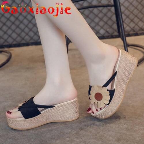 Slippers Women 2021 Summer Bohemian Flock Flowers Wedge Thick Bottom 7CM Flip Flops Wild Non-slip Beach Shoes Sandals Women