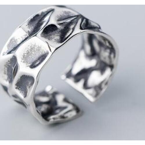 Retro Vintage Size4.75-Size7.25 100% Authentic REAL.925 Sterling Silver Irregular crease Punk Band Wider Rings adjust GTLJ1638