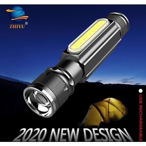 ZHIYU LED Flashlight Portable Light 3 Lighting Modes Lanterna Built-in Battery with Tail USB Charging Zoomable Waterproof Torch