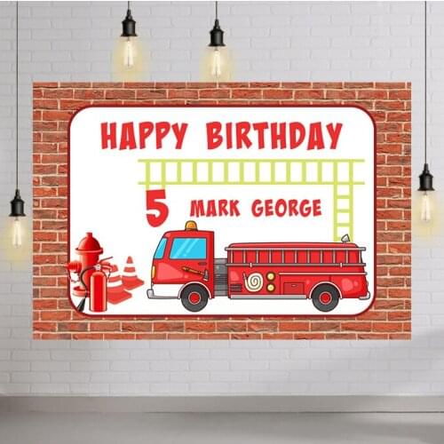 Brick Wall Fire Truck Firemen Ladder Backdrop for Photo Studio Boys Happy Birthday Party Backdrop Vinyl