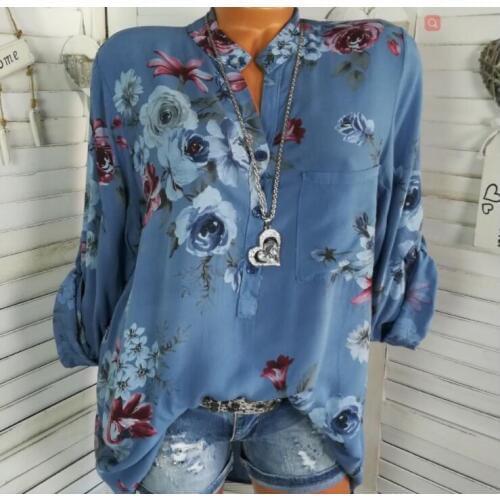 Fashion Chiffon V-neck Women Blouse Floral Printed Long Sleeve Shirts Plus Size S-5XL Tops Casual Office Lady Blusa