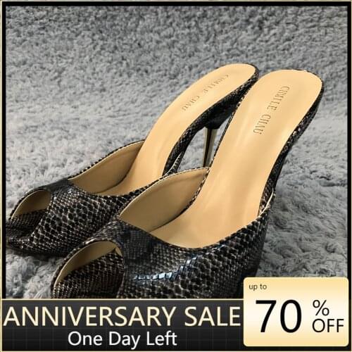 Women Stiletto Thin Iron High Heel Sandals Sexy Peep Toe Black Snakeskin Fashion Party Bridals Ball Evening Lady Shoe 3845-FA9