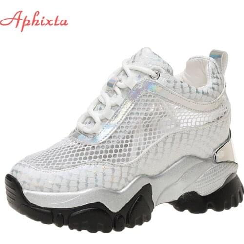Aphixta 2021 Summer Chunky Height Increasing Air Mesh Cool Boots Women Lace-up Ankle Boots Shoes Woman Boats