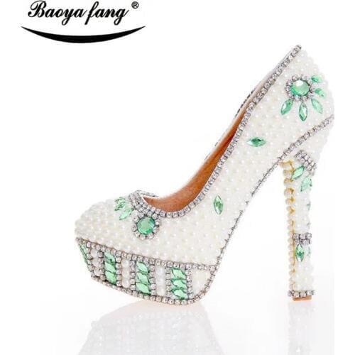BaoYaFang Womens wedding shoes green crystal white pearl Bridal party dress shoes Female shoes Woman High heels platform shoe