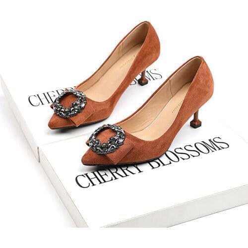 1808-5 Korean fashion point shallow mouth high heels autumn wild fine with suede round buckle rhinestone single shoes female
