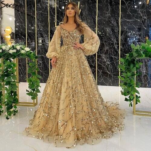 Serene Hill Muslim Gold A-Line Luxury Evening Dresses 2021 Puff Sleeves Beading Sexy Formal Dresses For Woman DLA71049