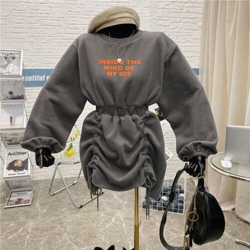 2021 New Korean Style Casual Long Sleeve Loose Sweatshirt Dress Women 's High Waist Drawstring Pleated Dress Fashion