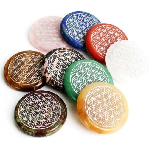 1PC 4cm Natural Tiger eye Round Crystal Slice Engraved Gold Flower of life Sliver Rune Stones Plate Gems Decor Reiki Healing