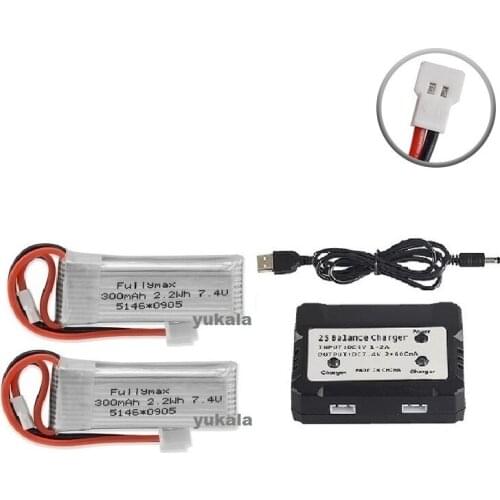 2PCS 7.4V 300mAh LiPo Battery with Charger case for WLtoys F959 XK DHC-2 A600 A700 A800 A430 2.22Wh RC Drone Spare Parts