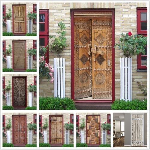 2pcs/set Retro Wooden Door Sticker Vinyl Peel and Stick Wallpaper Waterproof Removable stickers porte Home Design adesivo porta