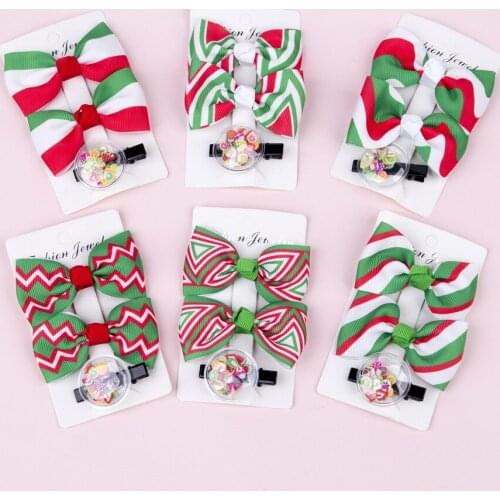 30Sets/lot 3pcs/set Christmas hair bowknot clip grosgrain ribbon bow side clips Xmas design wholesale