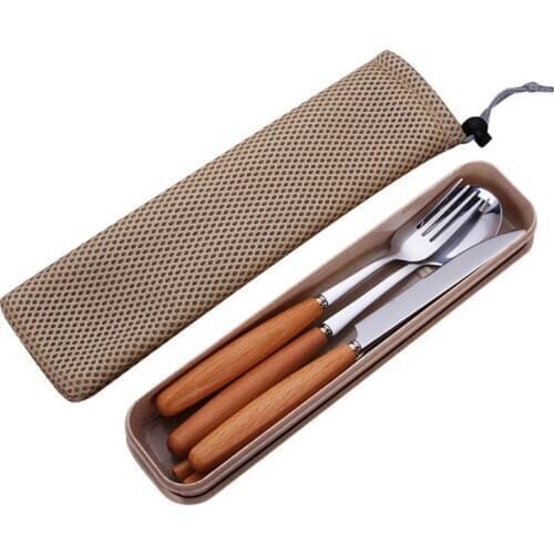 4pcs/set Wooden Handle Knife Fork Spoon Chopsticks Stainless Steel Tableware Set with Storage Box WB2381