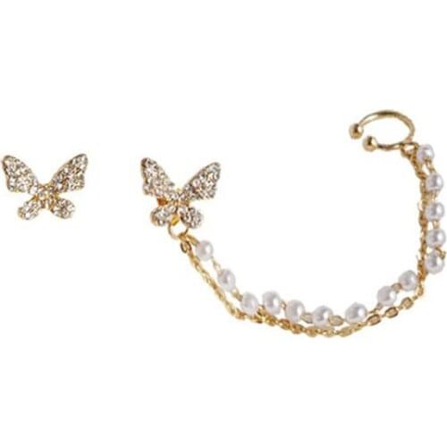 Bohemia Asymmetric Butterfly Pearl Chain Tassel Ear Bones Stud Earrings For Women New Fashion Party Jewelry Accessories