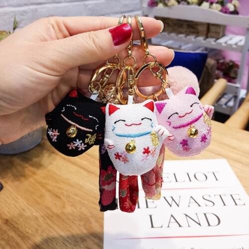 Handmade Stitch Lucky Cat Keychain Women Cute Pompom Ball Key Chain Bag Charms Pendant Accessories Animal Car Key Ring Chaveiro