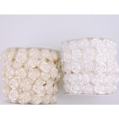 Ivory White 2 Yard Artificial Rose Flower Lace Flatback Pearl Beads Chain DIY Garland Wedding Party Decoration