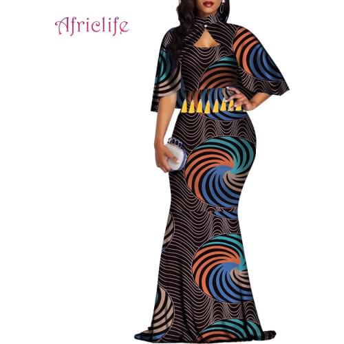 Dashiki African Print Clothing for Women Long Dress and Cape 2 Pieces Cotton Bazin Riche Batik Fashion Lady Clothes WY4394