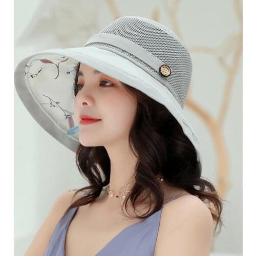Women Floral Interior Button Decor Wide Brim Sun Hat Outdoor Sports Bucket Cap