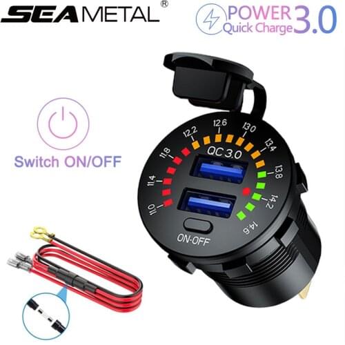 Dual QC 3.0 Car Charger Fast Charge USB Port Switch ON/OFF Waterproof Lid Stream Ambient Light Power Adapter with LED Voltmeter