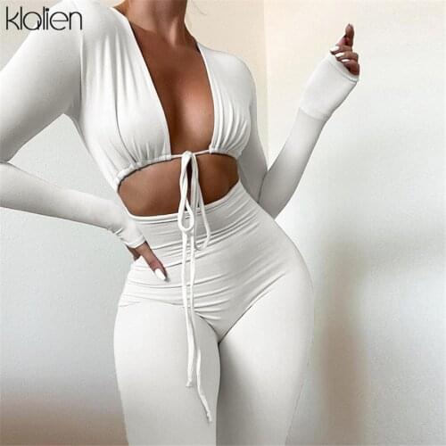 KLALIEN Women Fashion Casual Solid Long Sleeve V Neck Jumpsuit 2021 New Skinny Streetwear Autumn Female Romper Hot Sale