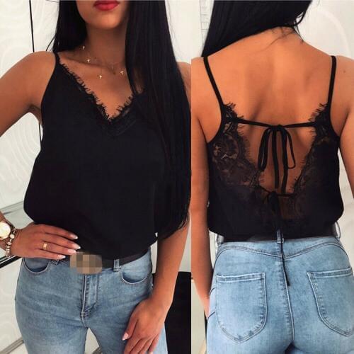 Sexy V Neck Lace Backless Lace-up Women Summer Satin Silk Lace Vest Top Sleeveless Camis T-Shirt
