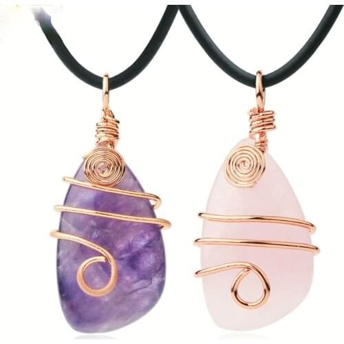 Trendy Irregular Stone Drop-shaped Natural Crystal Pendant Necklace Binded with Gold Plated Wire