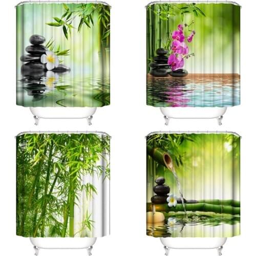 Shower Curtain Green Bamboo Zen with 12 Hooks Fabric Curtain Polyester