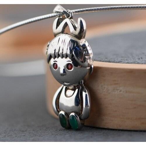 BOCAI New solid S925 silver jewelry retro craft fashion cartoon doll beautiful woman agate Pendant