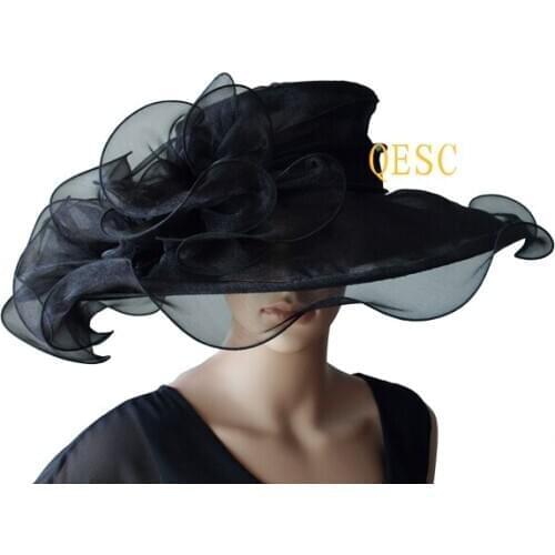 Wholesale NEW Black Wide brim Fashion crystal organza hats church bridal for wedding womens hat races.FREE SHIPPING.QHF035