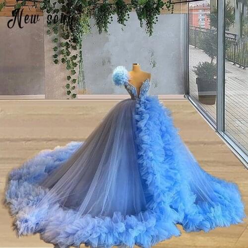 Blue Ball Gown Quinceanera Dress 2021 One Shoulder Sweetheart Crystal Beaded Tulle Corset Masquerade Ball Gowns Sweet Dress